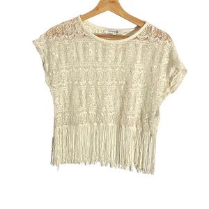 Forever 21 Sheer Ivory Lace Fringe-Hem Crop Top